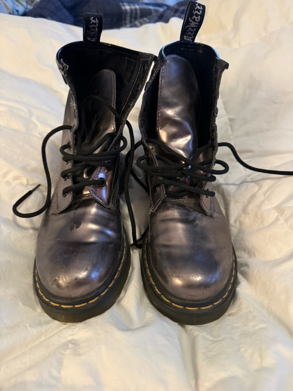 DOC MARTENS: Classic Combat Boots with Yellow Stitching - Black/Pewter